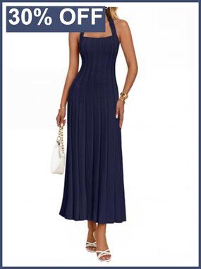 Women Summer Halter Ribbed Bodycon Midi Sweater Dress Formal Backless